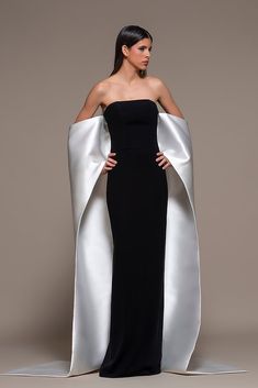 Gown With Cape, Black And White Gown, Robes Glamour, Strapless Evening Gowns, Strapless Evening Dress, White Gown, Column Gown, فستان سهرة, Gala Dresses