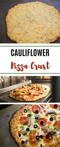 three different types of pizzas cooking in an oven with the words cauliflower riga crust above them