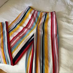 Light Color Pallet Flares Sewn In White Undershorts Zipper Side 27” High Waisted Perfect Condition Never Worn. Great Pants For Summer! Super Light & Airy, Very Comfortable & Relaxed. I Am 5’5 And Size 27 Waist For Reference, You Could Possibly Go Up Or Down A Size By Adjusting Where The Pants Sit On Your Hips Or Adding A Belt! Multicolor Trousers For Vacation, Multicolor Trousers For Summer, Multicolor Summer Trousers, Summer Multicolor Trousers, Multicolor Pants For Spring, High Waist Multicolor Bottoms For Vacation, High Waist Colorful Bottoms For Spring, High-waisted Colorful Bottoms For Spring, Colorful High-waist Bottoms For Spring