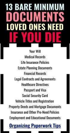 Organizing paperwork into a death binder - important documents needed if you die Organizing Important Documents Binder, Organizing Important Documents, Paper Decluttering, Life Organization Binder, Family Emergency Binder, Estate Planning Checklist, Emergency Binder, When Someone Dies, Living Trust