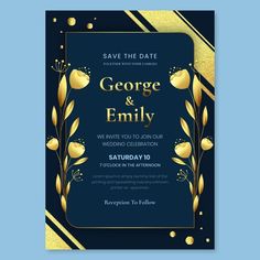 an elegant wedding card with gold flowers and leaves on a dark blue background, in the style