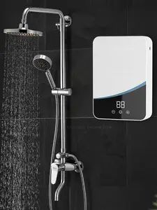 thermostaer and shower head in a bathroom with black tile flooring on the walls