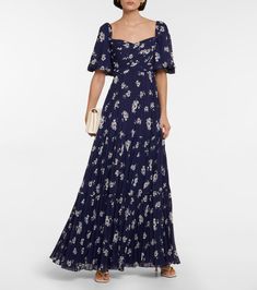 Self-Portrait - Floral chiffon maxi dress | Mytheresa Dresses Event, Navy Floral Maxi Dress, Tie Neck Shirt, Floral Chiffon Maxi Dress, Printed Silk Blouses, Silk Cardigan, Chiffon Floral, Roger Vivier, Satin Shirt