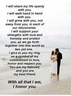 a man and woman standing on top of a beach next to the ocean with an poem written in front of them