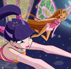 a cartoon girl with long hair flying through the air in front of a moon and stars background