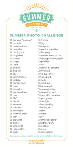 the summer photo challenge checklist is shown in green and orange with sunbursts