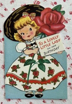 Vintage Mid Century Die-Cut Cute Birthday Girl Rose Covered Dress Greeting Card | eBay Green Wedding Shoes Bride, Cottage Party, Covered Dress, Vintage Halloween Cards, Rosé Theme, Hat Flower, Rose Hat, Dress Card, Vintage Birthday Cards