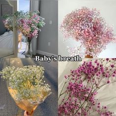 baby's breath flowers are in vases and on the table next to a mirror