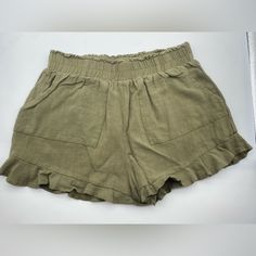 Never Worn. Pink Lily Olive Green Ruffle Shorts In Size Medium With Elastic Waist Band. Pink Lillies, Studded Shorts, Denim Overalls Shorts, Chambray Shorts, Cruise Outfits, Pink Rompers, High Waisted Jean Shorts, Denim Romper, Periwinkle Blue