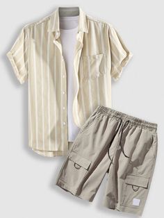 Striped Shirts And Letter Patch Shorts - Grafton Collection Relaxed Fit Short Sets With Pockets, Beige Summer Sets With Pockets, Summer Beige Sets With Pockets, White Short Sleeve Sets With Pockets, White Sets With Pockets And Short Sleeves, Casual Sets With Pockets And Short Sleeves, Casual Short Sleeve Sets For Summer, Summer Sets With Pockets And Short Sleeves, Casual Short Sleeve Sets For Vacation