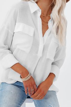 White Buttoned Long Sleeve Shirt with Pocket Trendy White Blouse With Pockets, White V-neck Tops With Pockets, White V-neck Shirt With Pockets, Women's Blouses, Weave Style, Midi Dress Casual, Fashion Color, Fashion Colours, Khaki Green