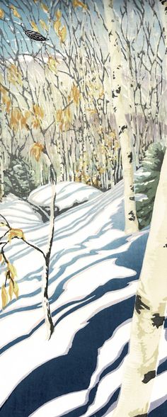 'Snow on Cannon Mtn., 2nd state', color woodblock print - 16" x 7" Matt’s print imagery is mostly of New England with a focus on the lakes and mountains of Vermont and New Hampshire. Fascinated by how making and enjoying two-dimensional art can change the way we see our world, Matt has expanded his interest in making and selling his own art to selling and sharing the art of others. Birch Tree, Winter Landscape, Tree Art