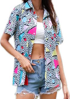 Trendy Summer Shirt With Retro Print, Summer Retro Print Tops For Streetwear, Multicolor Relaxed Retro Tops, Casual Multicolor Tops With Retro Print, Multicolor Retro Relaxed Fit Top, Multicolor Retro Tops With Relaxed Fit, 90s Retro Print Spring Tops, 90s Inspired Summer T-shirt With Funny Print, 90s Retro Print Tops For Spring