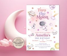 two the moon birthday party card with pink background and white crescent shaped object next to it