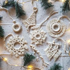 some ornaments are on a table with lights