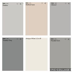 four different shades of gray and white with the names of each paint colors in them