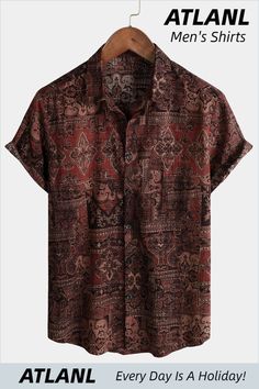 Find your style at ATLANL.💖Say goodbye to uncomfortable men's shirts. Perfect for summertime activities like going to the beach, traveling, attending concerts or music festivals, and wearing to themed parties. Mens Casual Shirts Design, Men’s Button Up, Patterned Shirt With All Over Print For Vacation, Casual Camp Shirt With All Over Print For Beach, Casual Brown Hawaiian Shirt For Summer, Casual Beach Camp Shirt With All Over Print, Bohemian Cotton Shirt For Beach Season, Casual Brown Camp Shirt For Summer, Summer Beach Shirt In Patterned Design