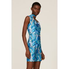 Blue printed polyamide blend (80% Polyamide, 20% Elastane). Sheath. Asymmetric neck. Sleeveless. Front zipper closure. 35.5" from shoulder to hemline. Imported. Asymmetrical Fitted Printed Dresses, Blue Mini Dress With Asymmetrical Neckline And Fitted Style, Blue Fitted Mini Dress With Asymmetrical Neckline, Blue Mini Dress With Asymmetrical Neckline, Blue Fitted Mini Dress With Side Zipper, Sleeveless Dress With Asymmetrical Neckline And Fitted Bodice, Blue Summer Dress With Side Zipper, Blue Dresses With Side Zipper, Blue Sleeveless Dress With Side Zipper