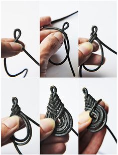 four pictures showing how to tie a knot together with scissors and yarn, all in different ways