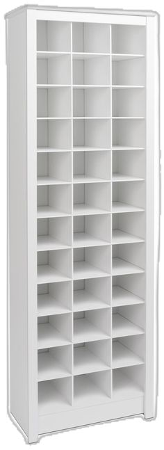 a white bookcase with many shelves and doors on each side, in front of a white background