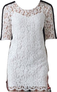 Elegant Spring Lace Top With Contrast Lace, White Short Sleeve Lace Top With Scalloped Lace, Chic Lace Dress With Lace Cuffs, Chic White Scalloped Lace Top, White Scalloped Lace Short Sleeve Top, White Scalloped Lace Top With Short Sleeves, White Elegant Tops With Contrast Lace, Elegant White Tops With Contrast Lace, White Lace Top With Contrast Lace