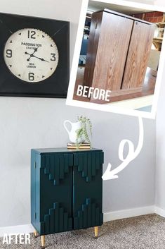 before and after photos of an old dresser makeover with chalk paint in the color dark teal