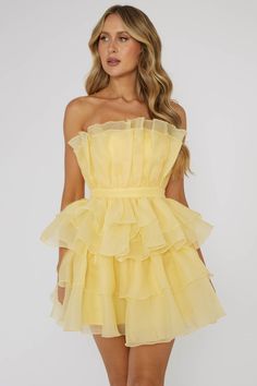 Bon Bon Tiered Chiffon Mini Dress Yellow Feel Like A Princess, Yellow Bridesmaids, Chiffon Mini Dress, Wedding Team, Blue Bridesmaids, Dress Yellow, Bon Bon, Chiffon Ruffle, Date Night Dresses