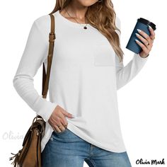 Olivia Mark - Relaxed Casual Long Sleeve Shirt with Pocket and Round Neck Casual White Solid Color Shirt, White Long Sleeve Top With Pockets, Long Sleeve T-shirt With Pockets For Fall, Fall Long Sleeve T-shirt With Pockets, Casual White Shirt For Fall, Casual White Fall Shirt, Casual Long Sleeve Tops With Pockets, Casual Long Sleeve Solid Color Top, Casual White Tops With Pockets