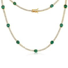 Elevate your elegance with the Capucelli Diamond Tennis Necklace, a masterpiece of luxury and sophistication. This exquisite piece features a harmonious blend of dazzling diamonds and vibrant oval-cut emeralds, meticulously set in a 4-prong arrangement. Each gem is carefully selected to ensure the highest quality and brilliance, creating a stunning 6.50 carat ensemble that captivates with every glance. Crafted in lustrous 14K gold, this necklace exudes timeless beauty and unmatched craftsmanship. The alternating pattern of brilliant diamonds and lush emeralds creates a captivating contrast, making it a perfect statement piece for any occasion. Whether you're dressing up for a special event or adding a touch of glamour to your everyday attire, the Capucelli Diamond Tennis Necklace promises Luxury Oval Necklace With Prong Setting, Elegant Round Gemstone Tennis Necklace, Elegant Gemstone Tennis Necklace, Luxury Round Gemstone Tennis Necklace, Luxury Gemstone Tennis Necklace, Luxury Emerald Necklace With Brilliant Cut, Luxury Round Brilliant Cut Emerald Necklace, Luxury Oval Emerald Necklace With Brilliant Cut, Luxury Formal Emerald Necklace With Vvs Clarity