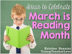 a young boy reading a book with the words march is reading month