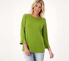 Say hello to your new favorite top. The flattering bateau neckline gracefully drapes over your decolletage and bell sleeves add ladylike charm. From Susan Graver. Elegant Stretch Knit Top With Scoop Neck, Elegant Scoop Neck Stretch Knit Top, Elegant Stretch Long Sleeve Top For Summer, Elegant Green Stretch Top, Elegant Boat Neck Tops For Fall, Chic Bell Sleeve Stretch Tops, Green Bell Sleeve Top For Spring, Stretch Bell Sleeve Tops For Fall, Chic Stretch Bell Sleeve Tops