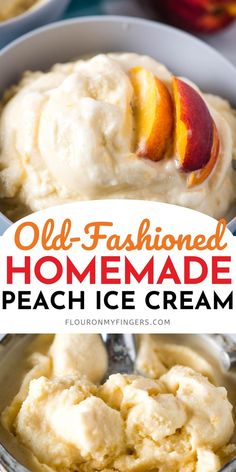 old-fashioned homemade peach ice cream with sliced peaches in a gray bowl and in the ice cream canister Peach Ice Cream