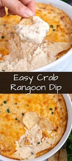 an easy crab rangoon dip is served in a white bowl with tortilla chips