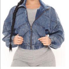 Fashion Nova Wash The Deal Denim Bomber Jacket Trendy Light Wash Denim Top For Fall, Winter Outerwear With Zipper Closure In Medium Wash, Winter Denim Jacket With Zipper Closure In Medium Wash, Winter Medium Wash Denim Jacket With Zipper Closure, Trendy Medium Wash Outerwear With Zipper Closure, Trendy Denim Blue Outerwear With Zipper Closure, Trendy Denim Blue Outerwear With Zipper, Medium Wash Denim Jacket With Zipper For Fall, Medium Wash Denim Outerwear With Zipper