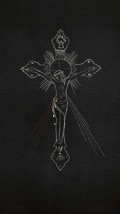 the crucifix is drawn in white ink on black paper