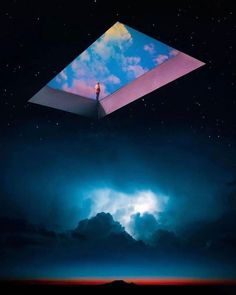 an open book floating in the air with clouds and stars above it, under a blue sky