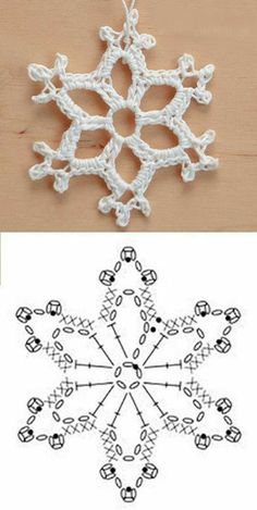 crocheted snowflakes are shown in three different colors and sizes, including white