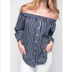 Faithfull The Brand Erica Top In Sienna Stripe Print. Off Shoulder Style Size Xs New With Tags Navy Trendy Tops For Spring, Trendy Navy Tops For Spring, Navy Tops For Spring Vacation, Navy Spring Vacation Top, Off Shoulder Style, Off Shoulder Fashion, Faithfull The Brand, Stripe Print, White Blue