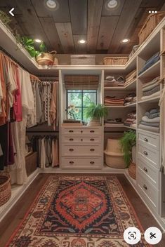 a walk in closet with lots of drawers and rugs on the floor next to it