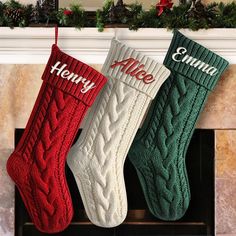 three christmas stockings hanging from a mantel