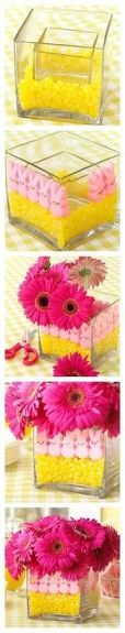 three different pictures of pink and yellow flowers in a glass container on a white surface