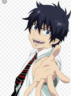 an anime character with black hair wearing a tie and pointing to the side while holding his hand up