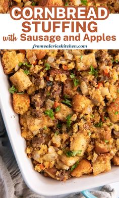 cornbread stuffing with sausage and apples in a casserole dish