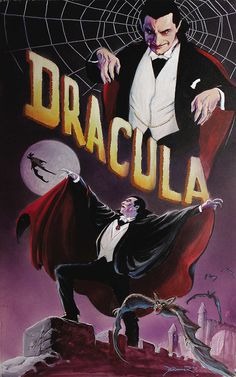 a painting of dracula on the cover of his book dracula, with an evil looking man standing next to him