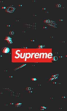 the supreme logo is surrounded by space and stars in red, blue, and green