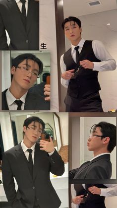 four different pictures of a man in a suit and tie taking a selfie with his cell phone