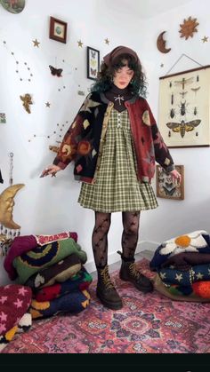 2025 Style Inspiration, Dark Colorful Outfits, Button Up And Dress Outfit, Cottage Core Christmas Outfit, Dress Layering Outfit Aesthetic, Girly Pop Aesthetic Outfits, Lolfashiondump Outfits, Whimiscal Style, Granny Core Outfits