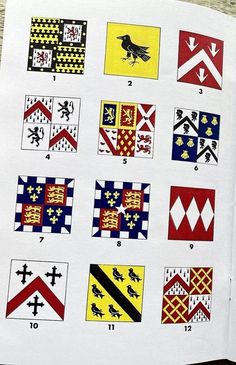 the flags are all different colors and designs on paper with numbers in each one's corner