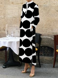 Loose Stand Collar Long Sleeve Urban Maxi Dress | stylewe Shirt Dress Fall, Dot Print Dress, Straight Clothes, Spring Dresses Casual, Dress Sleeve Length, England Fashion, Printed Long Dresses, Maxi Dress Evening, Polka Dress