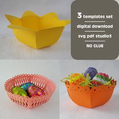 three paper baskets with easter eggs in them